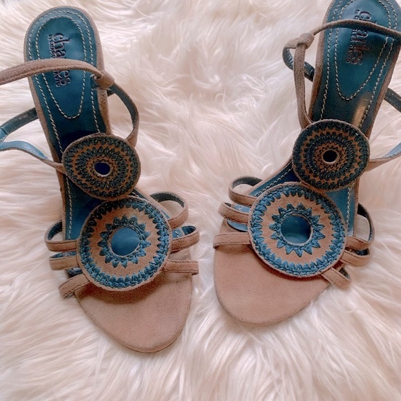 Charles David Embroidered Suede Leather Wood Kitten Heels Y2K 90s - Picture 2 of 6